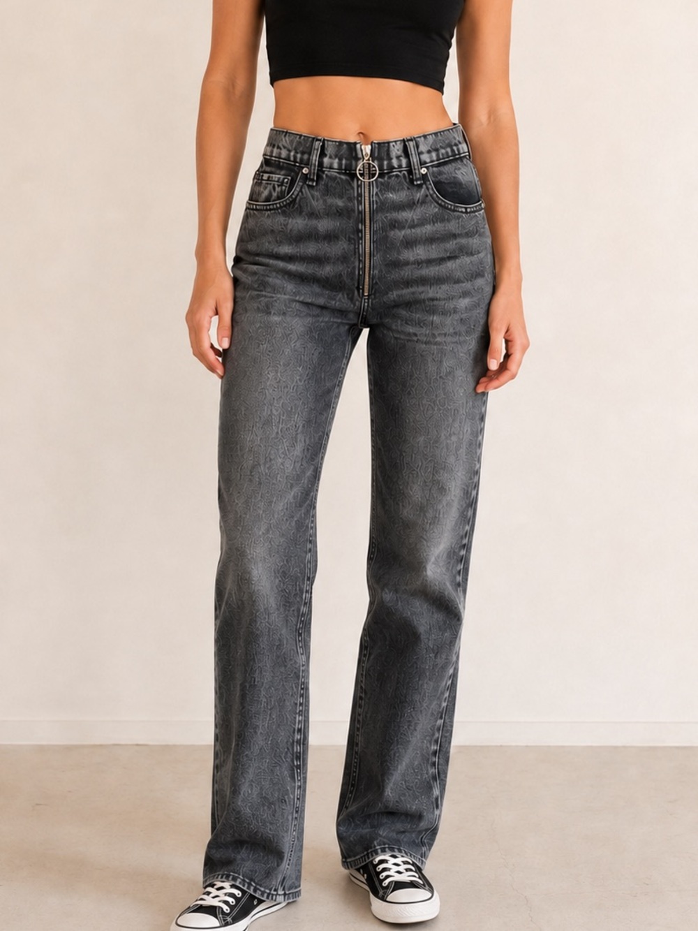 REVICE Gray Acid Wash Detachable Split Zip off High Rise Straight Leg Jeans